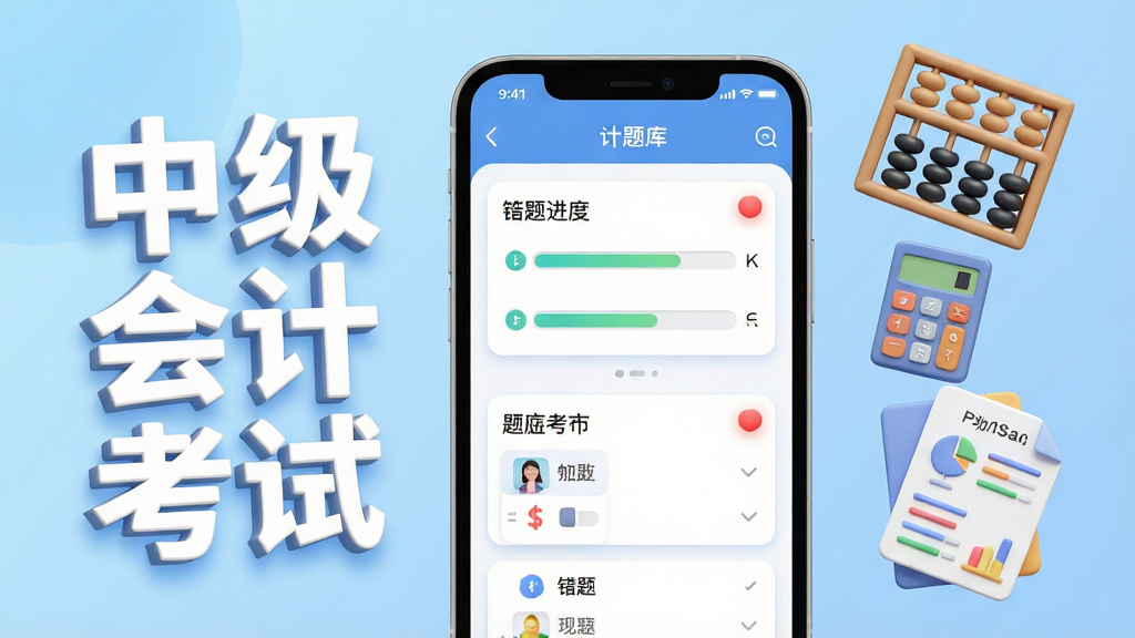 中级会计考试APP官方主界面展示,画面中央放置一部智能手机,屏幕内显示会计题库练习界面,左侧悬浮“中级会计考试”六个白色立体字,右侧点缀算盘、计算器与财务报表图标,背景为浅蓝色渐变,布局简洁居中,排版采用上下结构,风格为扁平化3D卡通,细节包含答题卡进度条与错题红点标记,画质高清,干净,无多余元素