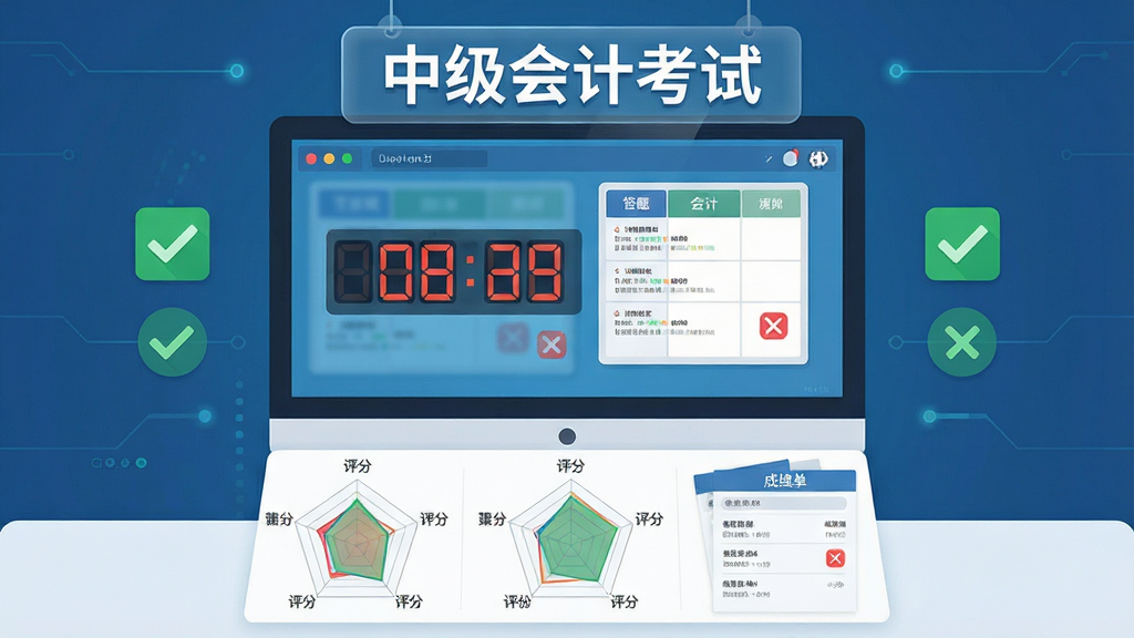 中级会计考试模拟考场界面,画面中央为电脑屏幕显示倒计时与答题卡,屏幕上方悬浮“中级会计考试”字样,下方有评分雷达图与成绩单,布局为上下结构,排版居中对称,风格为科技感扁平风,细节包含绿色对勾与红色叉号标记,画质高清,干净,无多余元素