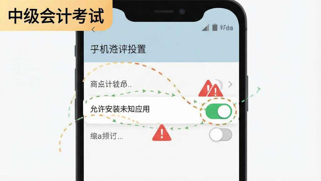 中级会计考试手机安装权限设置示意图,画面中央为安卓手机设置界面,高亮显示“允许安装未知应用”开关,左上角标注“中级会计考试”,布局为上下结构,排版清晰,风格为扁平化UI示意图,细节包含绿色开启按钮与红色警示三角,画质高清,干净,无多余元素