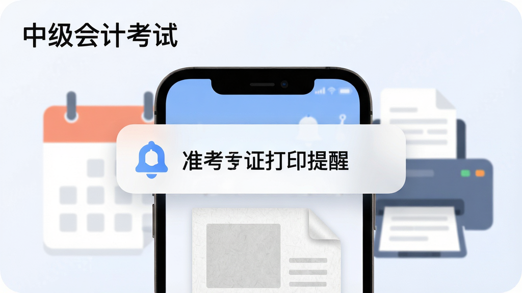 中级会计考试准考证提醒界面,画面中央为手机通知弹窗显示“准考证打印提醒”,背景为日历与打印机图标,左上角标注“中级会计考试”,布局为上下结构,排版简洁,风格为柔和圆角扁平,细节包含蓝色提醒铃铛与打印纸张纹理,画质高清,干净,无多余元素