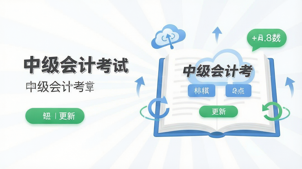 中级会计考试题库更新界面,画面主体为一本翻开的电子书,书页上浮现“中级会计考试”标题与三科科目标签,周围环绕刷新箭头与云端同步图标,布局为放射状,排版左文右图,风格为清新扁平插画,细节包含绿色更新按钮与题目数量气泡,画质高清,干净,无多余元素