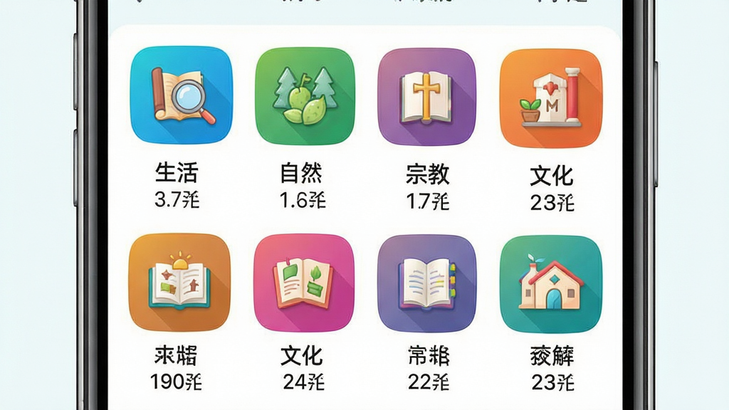 一张展示传统图解词典分类词汇浏览功能的AI生图,画面主体为手机屏幕界面,屏幕上显示多个分类图标和标签,包括生活、自然、宗教、文化等类别,每个分类下方显示词汇数量,布局网格排列,风格清新活泼,细节包括图标设计精致、色彩区分明显、文字标签清晰可读,画质高清,干净,无多余元素