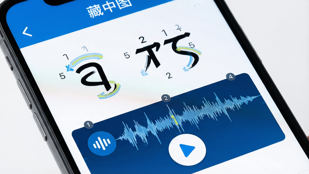 一张展示传统图解词典发音与书写演示功能的AI生图,画面主体为手机屏幕特写,屏幕上显示藏文词汇的书写笔顺动画和发音波形图,界面中包含播放按钮和笔画序号标注,布局上下结构,风格教育科技感,细节包括笔画动画轨迹清晰、发音图标醒目、界面配色蓝白相间,画质高清,干净,无多余元素