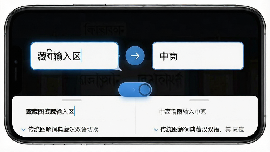 一张展示传统图解词典藏汉双语切换功能的AI生图,画面主体为手机屏幕界面,屏幕中显示左右两个查询框,左侧为藏文输入区,右侧为中文输入区,中间有切换箭头图标,界面下方显示查询结果列表,布局对称清晰,风格简约现代,细节包括输入框边框、切换按钮高亮效果、结果文字排版整齐,画质高清,干净,无多余元素