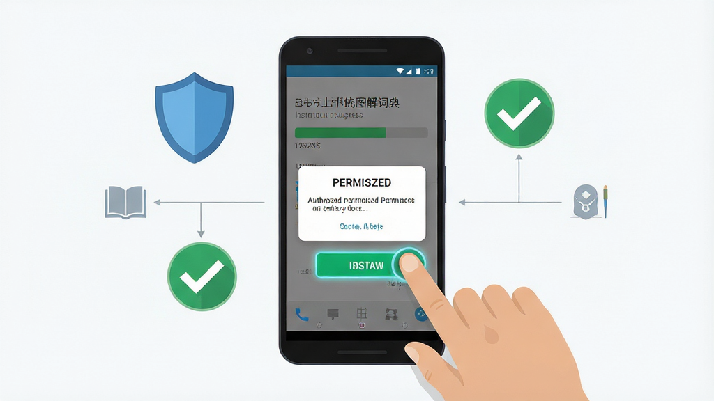一张展示传统图解词典新手安装与使用注意事项的AI生图,画面主体为一部安卓手机和一只手正在点击安装按钮,手机屏幕上显示安装进度条和权限授权弹窗,周围有盾牌和勾选图标表示安全提示,布局中心突出手机,风格扁平化信息图,细节包括安装按钮高亮、权限图标清晰、背景干净简洁,画质高清,干净,无多余元素