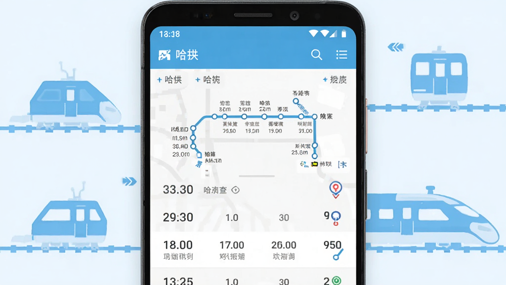 主体为一部安卓手机屏幕显示哈伊应用的高铁线路查询界面,布局采用居中手机展示配合周边淡蓝色铁路元素点缀,排版简洁清晰,风格为现代科技感扁平化设计,细节包括屏幕内线路图、时刻列表和站点标记,画质高清干净无多余元素
