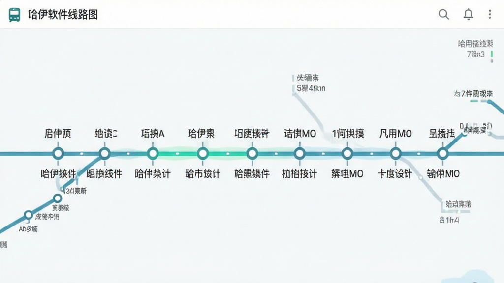 主体为哈伊软件线路图界面截图,布局采用横向延展的铁路线路图,排版以站点圆点串联成线,风格为清新简约的信息图表风,细节包含各站点名称标注与线路高亮,画质清晰干净无多余元素