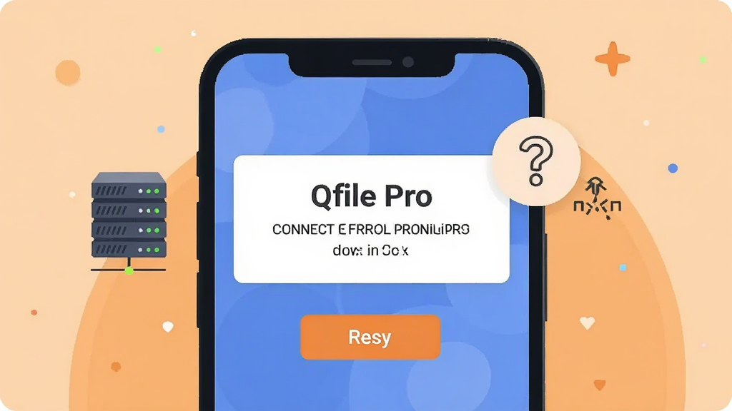 一部手机屏幕显示 Qfile Pro 连接错误提示界面,旁边有问号和网络断开图标,背景为浅橙色,风格扁平化插画,细节包含服务器图标和重试按钮,画质高清,干净,无多余元素