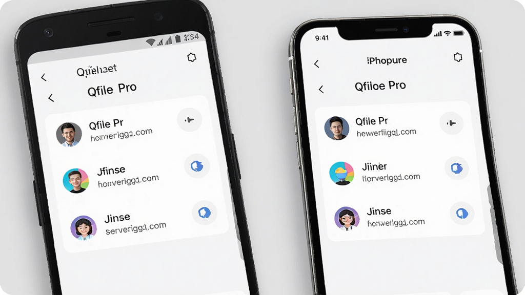 一部安卓手机和一部 iPhone 并排展示,两部手机屏幕均显示 Qfile Pro 的多账户切换界面,背景为浅灰色,风格简约商务,细节包含账户头像和服务器地址栏,画质高清,干净,无多余元素