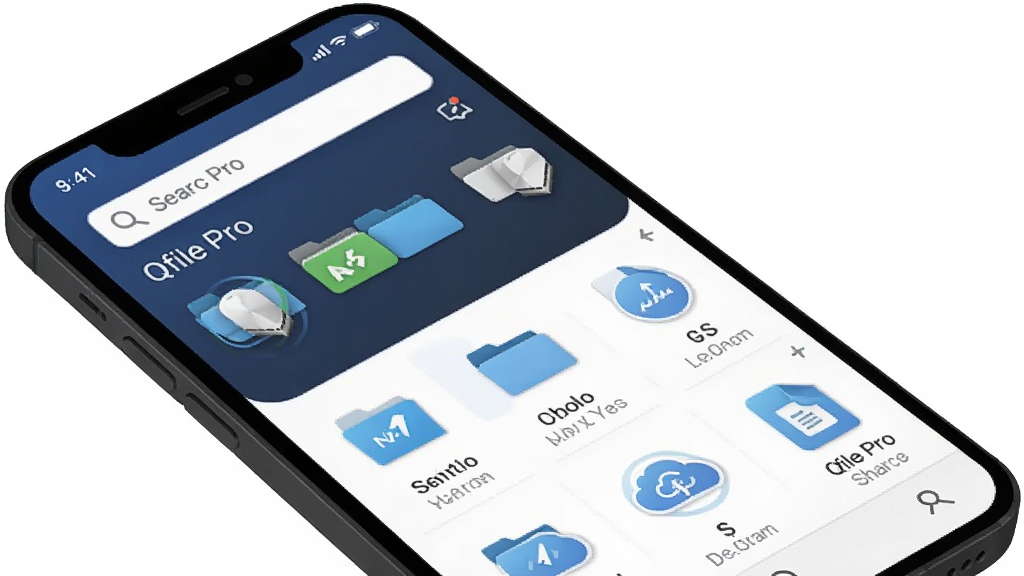 一张展示 Qfile Pro 软件界面的手机样机图,主体为黑色智能手机,屏幕显示 Qfile Pro 应用的主文件列表页面,布局包含顶部搜索栏、文件夹图标和文件缩略图,排版简洁现代,风格为科技感扁平化设计,细节包含 NAS 设备图标和云同步标识,画质高清,干净,无多余元素