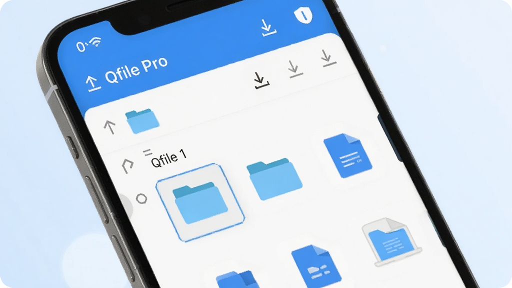 手机屏幕显示 Qfile Pro 文件管理界面,画面中有清晰的文件夹层级和文件缩略图,背景为淡蓝色渐变,风格简洁商务,细节包含上传下载箭头图标,画质高清,干净,无多余元素