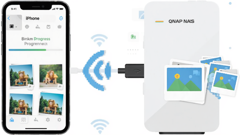 一部 iPhone 与一台 QNAP NAS 通过无线信号连接,手机屏幕显示相册备份进度条,NAS 图标旁有照片流入的动画效果,布局左右对称,风格扁平化插画,细节包含 Wi-Fi 符号和照片缩略图,画质高清,干净,无多余元素