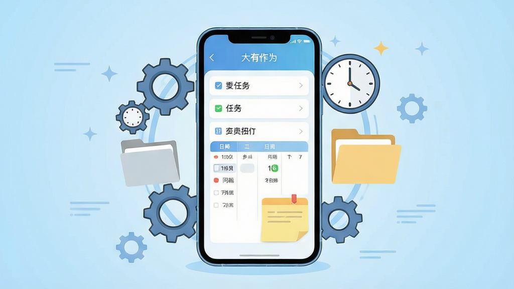 һ��չʾ�ƶ��칫�����Ĳ廭������������һ�������ֻ�����Ļ����ʾ��������Ϊ��Ӧ�ý��棬������������б����ճ̰��źͱ�ǩģ�飬�ֻ���Χ�����ų��֡�ʱ�ӡ��ļ��е�Ч��Ԫ�أ�����Ϊǳ��ɫ���䣬������ִ����Ű���жԳƣ�ϸ�����������ʸɾ����޶���Ԫ��