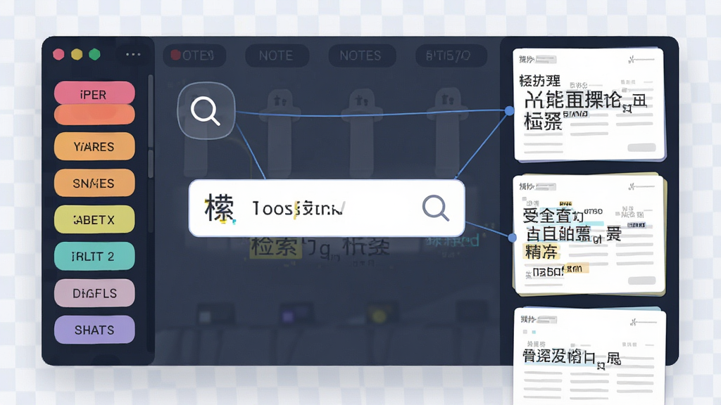 一张AI生成的数据管理示意图,画面中央是笺骨笔记录的标签分类界面,左侧是彩色标签栏,右侧是笔记卡片瀑布流,主体突出检索框与标签云,布局为左右分栏,风格为清新商务风,细节包含搜索放大镜图标与高亮关键词,画质清晰,干净,无多余元素