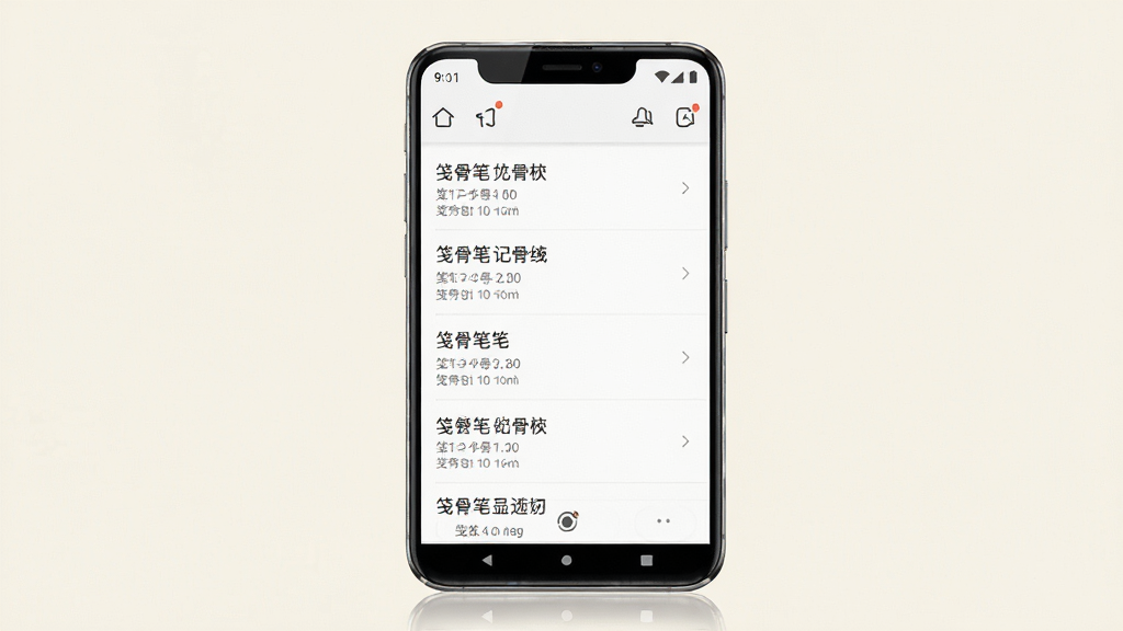 软件主界面展示图,画面中央是一部安卓手机,手机屏幕上显示笺骨笔记录的笔记列表界面,界面风格简洁素雅,背景为柔和的米白色,笔记标题清晰可见,整体布局干净整洁,主体突出,风格为写实科技风,细节包含手机边框反光与界面图标,画质清晰,干净,无多余元素