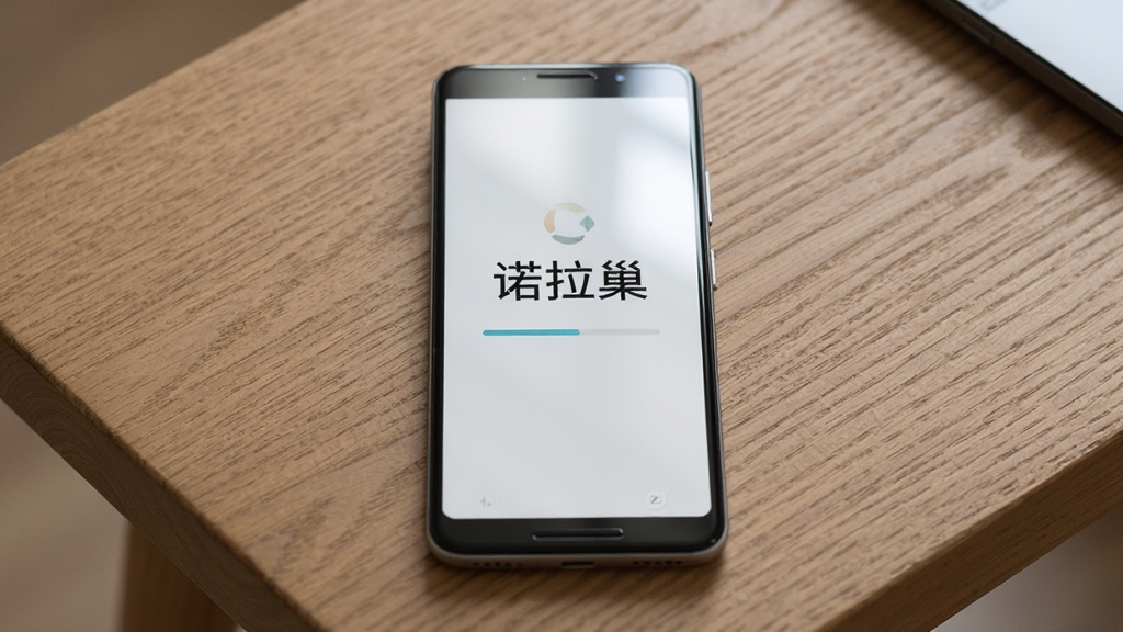 一部安卓手机放在木质桌面上,屏幕显示诺拉巢应用启动画面,画面中央是“诺拉巢”文字标志与加载进度条,主体突出手机与软件界面,布局居中,风格简约科技感,细节包括屏幕反光、桌面纹理、柔和光线,画质高清,干净,无多余元素