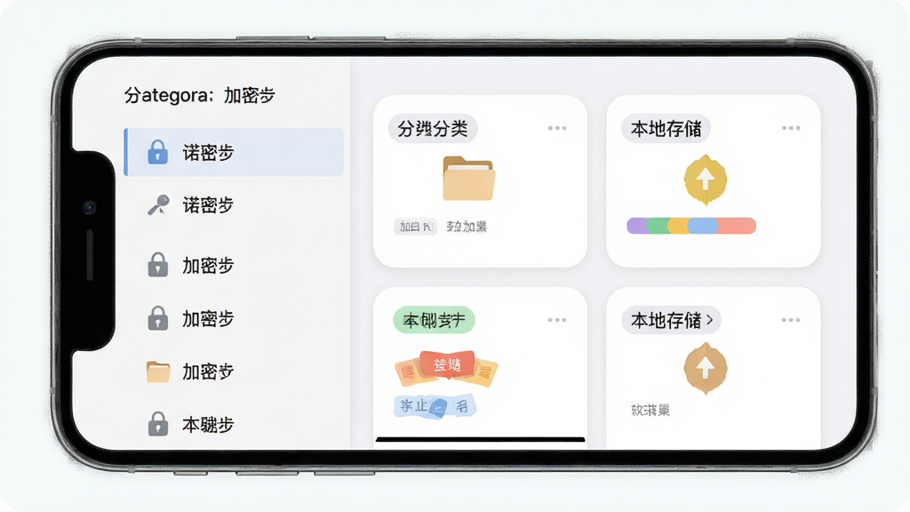诺拉巢软件数据管理界面,主体为手机屏幕显示分类列表与本地存储标识,布局为左侧分类菜单右侧内容卡片,排版整齐,风格为清新浅色系,细节包括锁形图标表示加密、文件夹图标、标签颜色区分,画质高清,干净,无多余元素