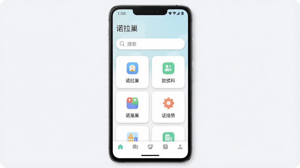 诺拉巢软件主界面全貌展示,主体为一部安卓手机屏幕,屏幕中央显示诺拉巢应用首页,布局简洁,上方为软件名称“诺拉巢”和搜索栏,中部为功能卡片网格,下方为底部导航栏,排版清晰整齐,风格为现代扁平化设计,细节包括圆角图标、柔和阴影、浅色背景,画质高清,干净,无多余元素