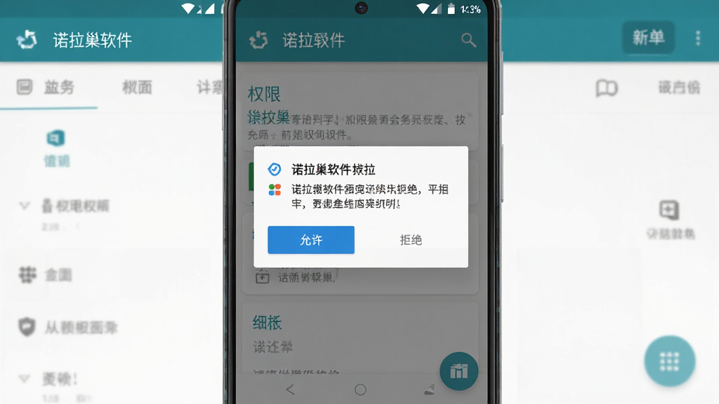 诺拉巢软件在新手引导界面的手机截图,主体为手机屏幕显示权限请求弹窗,布局为弹窗居中,背景为诺拉巢主界面,排版简洁,风格为现代安卓Material Design,细节包括“允许”与“拒绝”按钮、权限说明文字,画质高清,干净,无多余元素