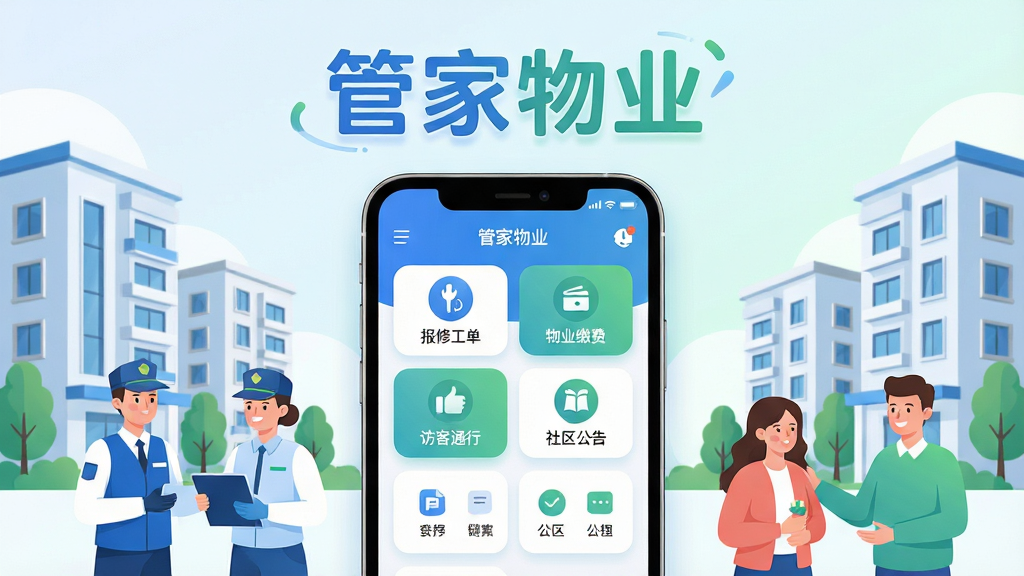 画面中央展示一部智能手机,手机屏幕上显示管家物业APP的首页界面,界面中有报修工单、物业缴费、访客通行、社区公告等图标模块。手机周围环绕着现代住宅小区楼宇、物业服务人员、业主微笑互动的扁平化插画元素。整体布局为上下结构,上方为软件名称“管家物业”艺术字,下方为功能模块展示。风格为清新简约的科技插画风,色调以蓝白绿为主,细节包括圆角图标、柔和阴影、干净的渐变背景,画质高清,画面干净,无多余元素。