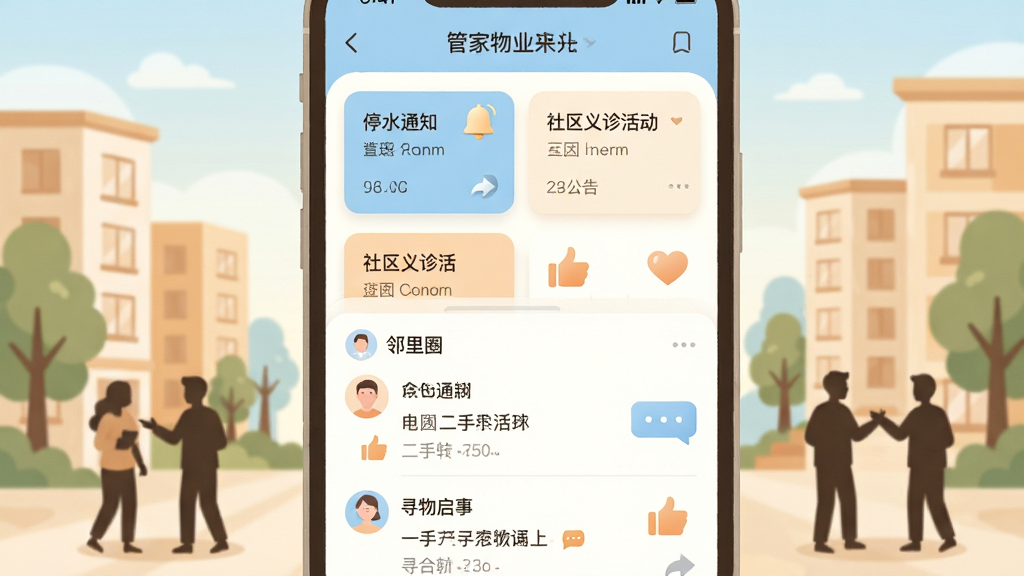 画面展示管家物业APP的社区公告与邻里圈界面,手机屏幕上半部分为公告列表,有“停水通知”“社区义诊活动”等卡片,下半部分为邻里圈动态,包含二手转让和寻物启事。画面背景为温馨的社区场景,有楼房、树木和互动的人群剪影。布局为上下结构,风格为温暖清新的插画风,色调以浅蓝、米白、淡橙为主,细节包括通知铃铛图标、点赞手势、聊天气泡,画质柔和干净。