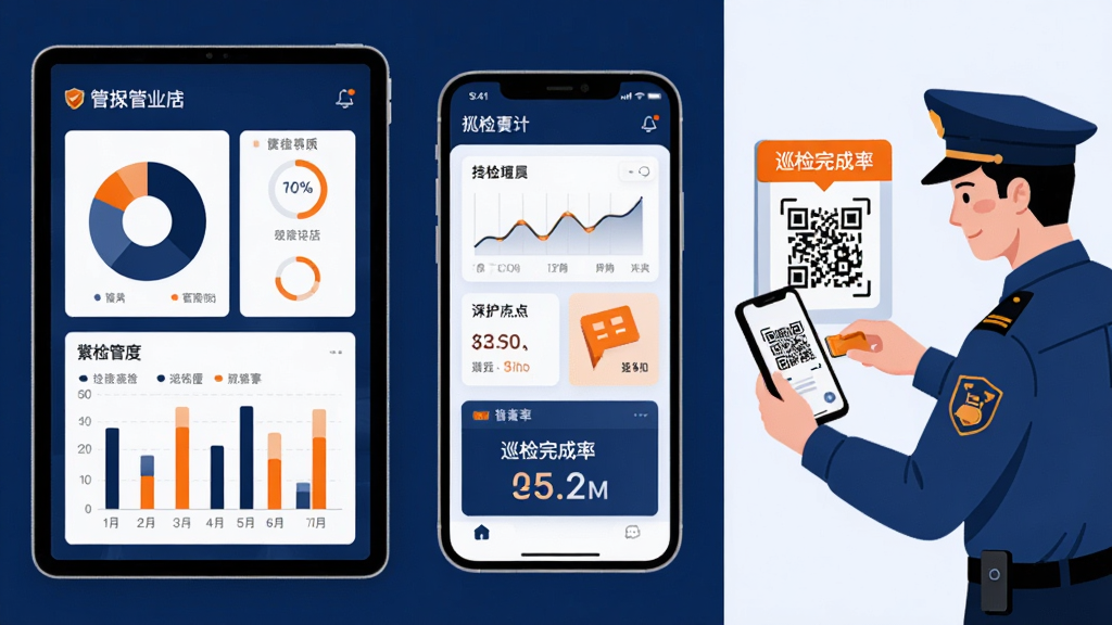 画面主体为管家物业APP的物业管理后台数据看板,手机或平板屏幕上显示饼图、柱状图和巡检完成率数字,旁边有保安人员用手机扫描巡检点二维码的场景。布局为左中右结构,左侧为数据图表,中间为手机操作界面,右侧为巡检人员现场打卡。风格为商务科技插画,色调以深蓝、白色、亮橙为主,细节包括数据卡片、进度环、二维码标签,画质高清,画面整洁。