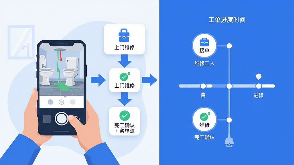 画面主体为管家物业APP的报修工单界面截图风格插画,画面中一位业主正在用手机拍照上传卫生间漏水情况,手机屏幕旁边浮现出工单流转的箭头示意图,指向维修工人接单、上门维修、完工确认三个节点。布局采用左右分栏,左侧为业主操作场景,右侧为工单进度时间轴。风格为现代扁平化UI插画,色调以蓝色和白色为主,细节包括圆角卡片、进度条、对勾图标,画质清晰,画面干净整洁。