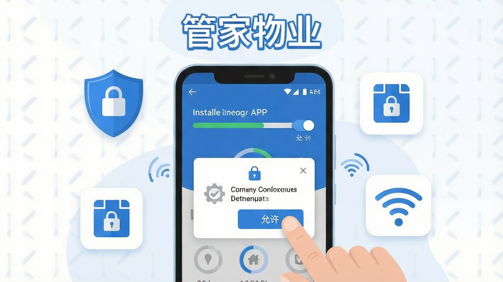 画面展示一部安卓手机正在安装管家物业APP的过程,手机屏幕上显示安装进度条和权限授权弹窗,画面中有手指点击“允许”按钮的特写。手机周围漂浮着盾牌安全图标、存储空间图标和WiFi信号图标。布局为居中构图,上方有“管家物业”文字标识。风格为简洁明快的扁平化插画,色调以蓝色、白色、浅灰为主,细节包括权限开关、进度环、安全锁图标,画质清晰,画面干净无杂乱。