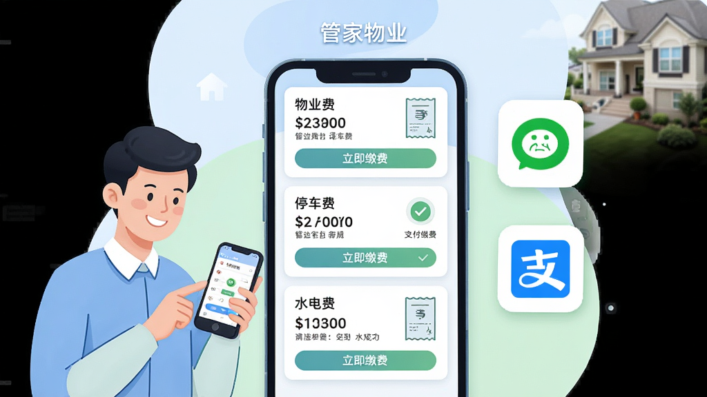 画面展示管家物业APP的缴费页面,手机屏幕中央显示物业费、停车费、水电费三张账单卡片,卡片上有金额和“立即缴费”按钮。画面右侧漂浮着微信支付和支付宝的图标,左侧有一位业主满意地查看手机。布局为居中构图,上方有“管家物业”字样。风格为清爽的商务插画风,色调以浅蓝、白色、淡绿为主,细节包括账单列表、支付成功对勾、电子凭证图标,画质高清,无杂乱元素。