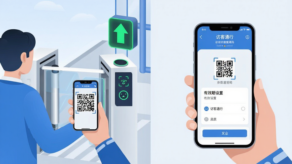 画面描绘管家物业APP的访客通行功能,一位访客站在小区门禁闸机前,用手机展示二维码,闸机上方有绿色通行箭头。画面另一侧,业主在手机APP上生成访客邀请码,屏幕上有“访客通行”和“有效期设置”的界面元素。布局为左右对称,左侧为访客扫码场景,右侧为业主手机操作界面。风格为科技感扁平插画,色调以蓝、白、浅灰为主,细节包括二维码、闸机、人脸识别摄像头图标,画质干净清晰。