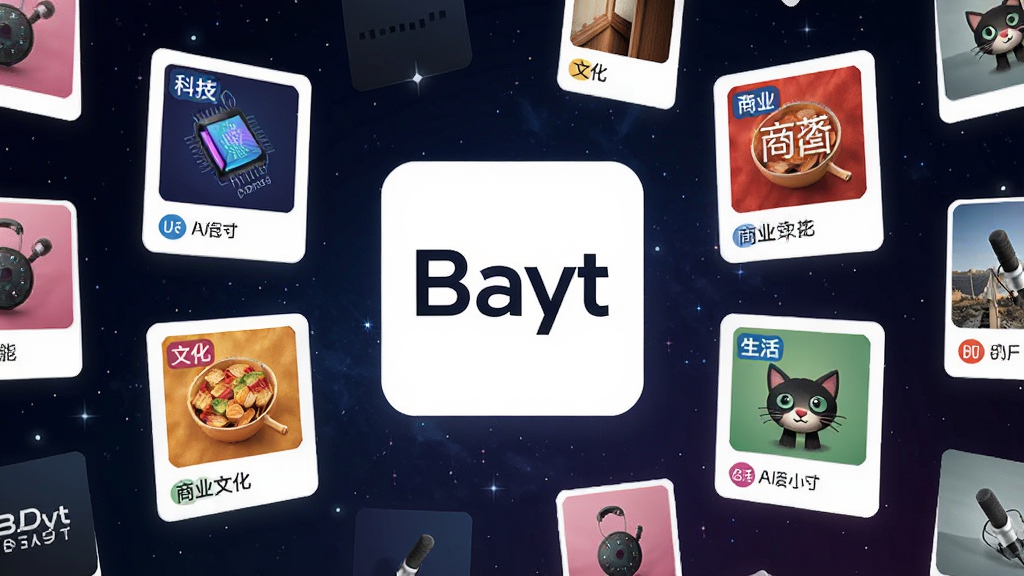 一幅展示Bayt播客内容聚合功能的场景插画,画面中心是Bayt播客的Logo,四周环绕着不同类别的播客节目封面卡片,卡片上标注着科技、商业、文化、生活等标签,背景是深色星空渐变,卡片以悬浮方式排列,风格现代科技感,细节精致,画质清晰,干净无多余元素