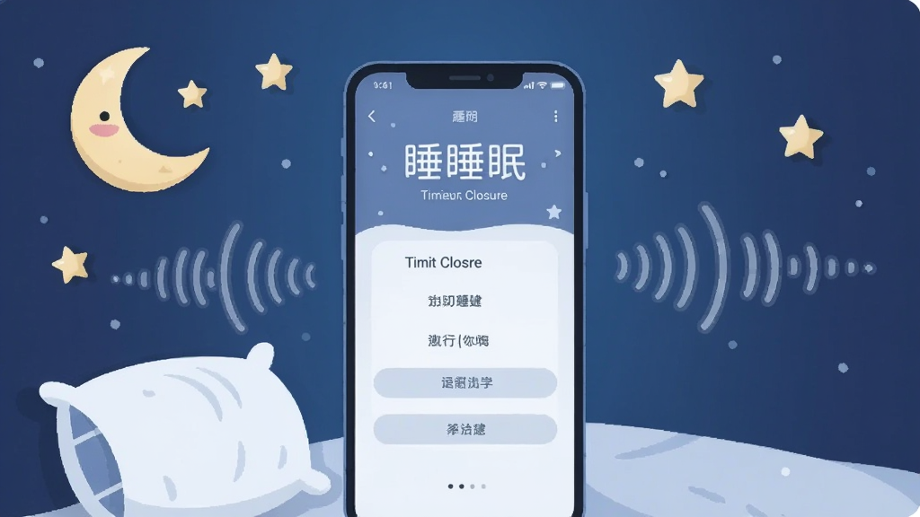 一幅表现睡眠辅助与定时关闭功能的插画,画面中央是一部手机显示定时关闭设置界面,周围环绕着月亮、星星、枕头和声波元素,背景是深蓝色夜空渐变,风格安静柔和,扁平化设计,画质清晰,干净无多余元素