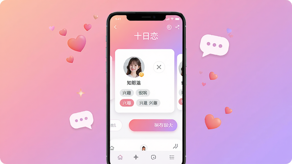 一张展示十日恋软件主界面的手机样机图,画面中央是一部竖屏安卓手机,屏幕内显示十日恋的推荐匹配页面,包含用户头像卡片、兴趣标签和聊天按钮,背景为柔和的粉紫色渐变,周围点缀少量心形与对话气泡元素,整体风格清新温暖,画面干净整洁,文字清晰可辨,无多余杂乱元素,高清画质