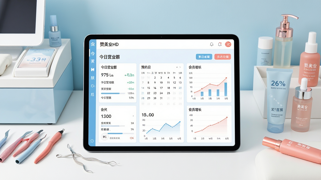 一张展示有赞美业HD软件核心全貌的场景图,画面中央是一台横向放置的平板电脑,屏幕上显示有赞美业HD的门店经营数据看板,包含今日营业额、预约日历、会员增长曲线等图表模块,平板周围有简洁的收银台、美甲工具、护肤产品瓶等美业元素点缀,布局居中对称,风格现代商务简约,配色以白色、浅蓝和柔和的珊瑚粉为主,细节清晰,画质干净,无多余元素,4K高清