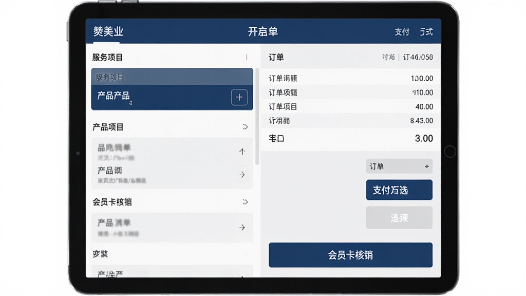 有赞美业HD收银开单界面预览图,平板屏幕上显示收银结算页面,左侧是服务项目和产品列表,右侧是订单明细和支付方式选择,底部有会员卡核销按钮,画面布局左右分栏,风格简洁商务,配色以白色、深蓝和浅灰为主,细节清晰,画质干净,无多余元素