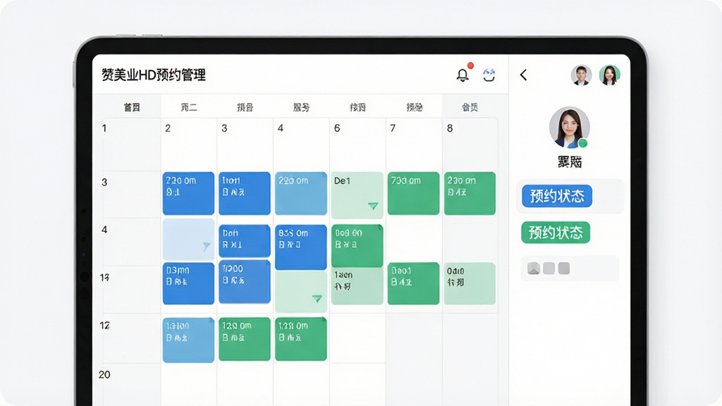 一张有赞美业HD预约管理功能界面示意图,画面主体是平板屏幕,屏幕上展示日历式预约看板,不同颜色的时间块代表不同技师和服务项目,右侧有顾客头像和预约状态标签,布局清晰分栏,风格清爽现代,配色以白色背景、蓝色和绿色时间块为主,细节锐利,画质干净,无多余元素