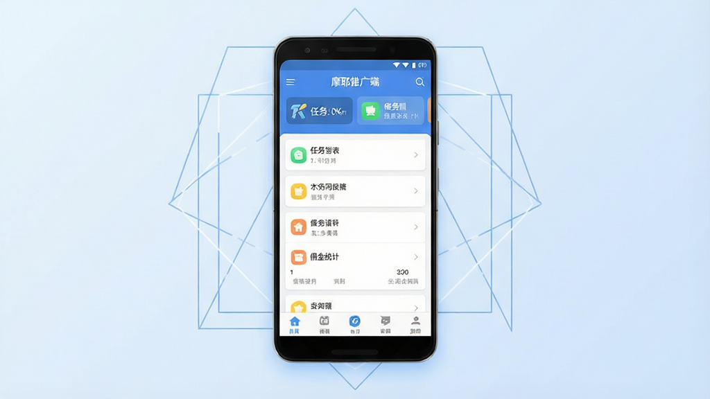 一张手机应用界面展示图,画面中央是一部竖屏安卓手机,手机屏幕上显示“摩耶推广端”应用主界面,界面包含任务列表、佣金统计卡片和底部导航栏,手机周围用简洁的几何线条和淡蓝色渐变背景衬托,整体布局居中对称,风格为现代扁平化UI设计,细节上突出应用图标和任务卡片的高亮状态,画质清晰干净,无多余元素,适合作为软件下载站文章配图