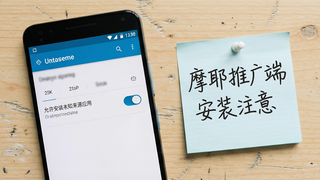 一张手机安装权限设置示意图,画面展示一部安卓手机屏幕,屏幕上显示“允许安装未知来源应用”的开关界面,手机旁边放着一张手写便签写着“摩耶推广端安装注意”,背景为浅色木纹桌面,布局为俯视平铺角度,风格为生活化教程配图,细节上突出开关按钮和便签文字,画质清晰干净,无多余元素