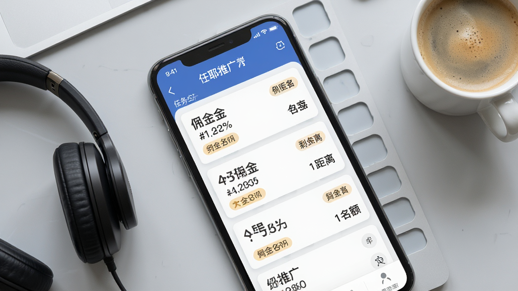 一张任务大厅界面示意图,画面主体是一部手机屏幕,屏幕上展示“摩耶推广端”任务大厅列表,每条任务卡片包含佣金金额、距离标签和剩余名额,背景为浅灰色工作台面,旁边放置一副耳机和一杯咖啡,布局采用俯视角度,风格为写实产品摄影感,细节上突出屏幕内文字清晰可读,画质干净明亮,无杂乱物品