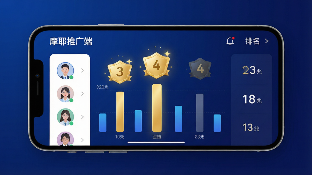 一张团队业绩排行榜界面图,画面中央是一部横屏放置的手机,屏幕上显示“摩耶推广端”团队管理页面,包含成员头像、业绩柱状图和排名数字,背景为深蓝色渐变,布局采用居中构图,风格为科技感数据可视化,细节上突出排行榜前三名的金色标识,画质高清干净,无多余元素