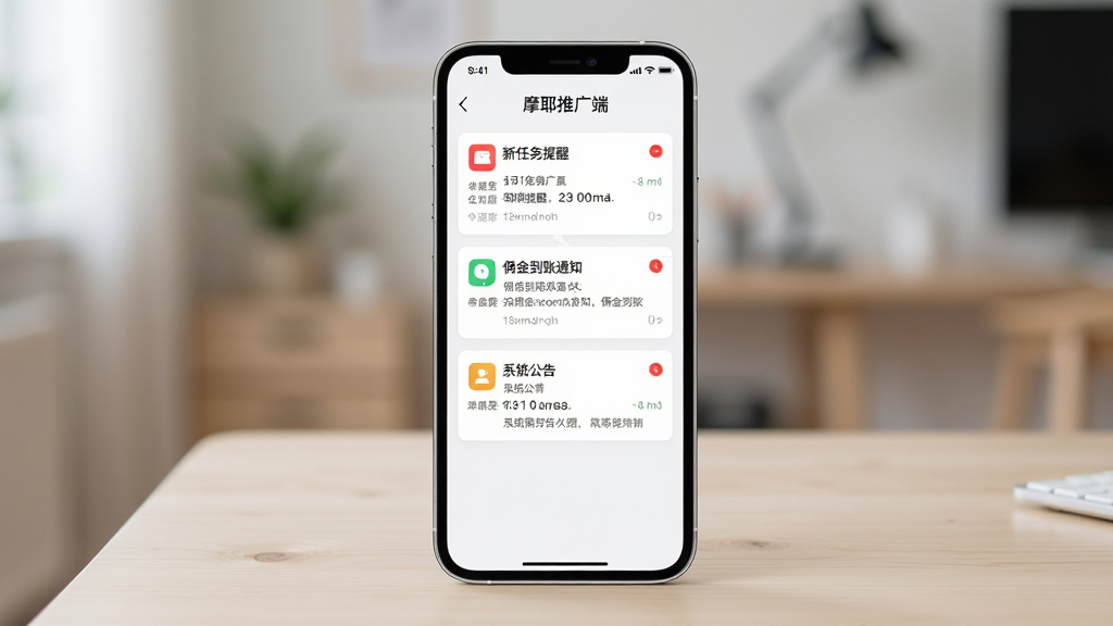 一张消息通知中心界面图,画面为手机屏幕展示“摩耶推广端”消息列表,包含新任务提醒、佣金到账通知和系统公告三类卡片,手机竖立在浅色桌面上,背景虚化,布局为正面平视角度,风格为简约现代UI,细节上突出通知图标和未读红点,画质锐利干净,无多余元素