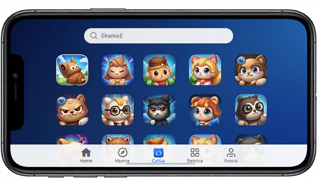 一张展示口袋云软件主界面的手机应用截图,画面中央是口袋云APP的首页,顶部有搜索栏,中间排列着多款热门游戏图标,底部有导航菜单,整体采用深蓝色渐变背景,风格简洁科技感强,画质清晰干净,无多余元素