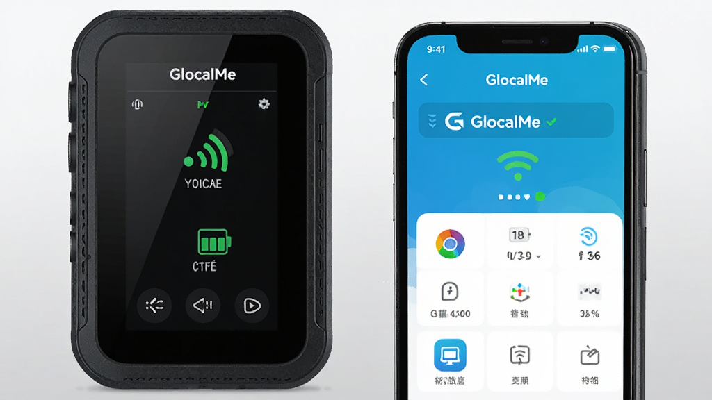 主体是一台GlocalMe随身WiFi设备与一部智能手机,布局采用左右并列方式,左侧展示设备正面屏幕显示信号与电量,右侧展示手机屏幕打开GlocalMe应用主界面,排版简洁清晰,风格为现代科技感与商务简约风,细节包括设备质感、手机屏幕UI图标、连接状态提示等,画质高清1080p,干净无多余元素,背景为浅灰渐变,图片中文字需包含“GlocalMe”