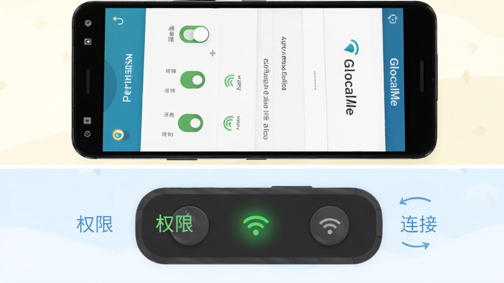 主体为一部安卓手机与GlocalMe设备并排展示,布局采用上下分层,上方手机显示App权限设置页面,下方设备亮起指示灯,排版突出“权限”与“连接”两个关键操作,风格为扁平化教学插图风,细节包括权限开关、WiFi信号图标、设备按键,画质高清,干净无多余元素,图片中文字需包含“GlocalMe”