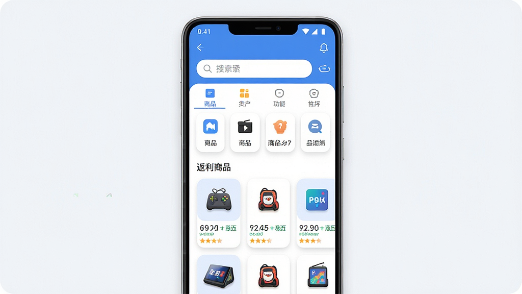 一张展示品速通应用主界面的手机预览图,主体为一部竖屏安卓手机,屏幕内显示品速通APP首页,包含搜索框、商品分类图标和返利商品列表,布局简洁清晰,排版从上到下依次为顶部状态栏、搜索区域、功能入口、商品推荐流,风格为现代扁平化UI设计,细节包括圆角卡片、柔和阴影、蓝白配色,画质高清,画面干净,无多余元素。