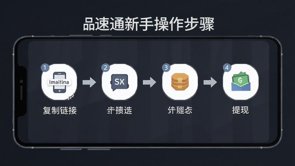 一张展示品速通新手操作步骤的示意图,主体为品速通APP操作流程界面,屏幕内显示从复制链接到提现的四个步骤图标串联,布局为横向流程图,排版从左到右依次排列,风格为简约商务扁平化设计,细节包括步骤编号、箭头连接、手机图标,画质高清,画面干净,无多余元素。