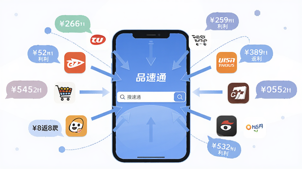 一张表现品速通多平台返利聚合功能的示意图,主体为品速通应用界面,屏幕中央显示多个电商平台图标环绕排列,箭头汇聚指向品速通搜索框,布局采用中心放射式构图,排版清晰有序,风格为科技感扁平插画,细节包括平台图标、返利数字气泡、连接线条,画质高清,画面干净,无多余元素。