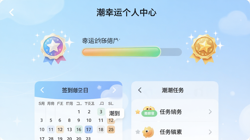 一张潮幸运应用的个人中心页面,画面中显示用户的幸运值等级进度条,等级徽章闪闪发光,下方排列着签到日历和任务列表,背景是柔和的浅蓝色渐变,界面布局整洁有序,顶部显示潮幸运个人中心字样,整体风格清新明快,画质高清,干净无多余元素