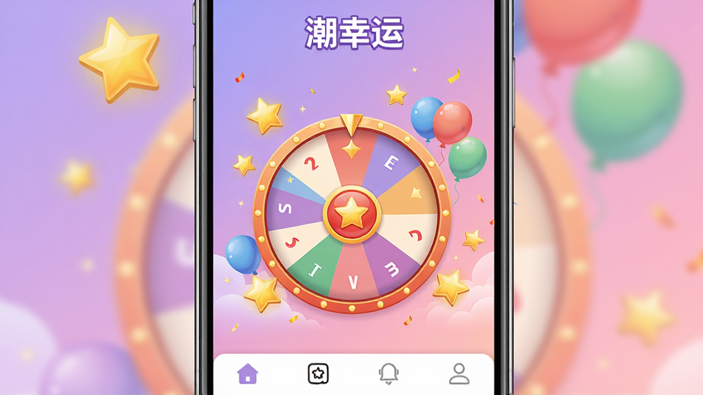 一张手机屏幕展示潮幸运应用主界面,画面中央是醒目的幸运抽奖转盘,周围环绕着金色星星和彩色气球,背景是柔和的渐变紫色与粉色,界面布局简洁清晰,顶部显示潮幸运文字标识,底部有导航栏,整体风格活泼喜庆,画质高清,干净无多余元素