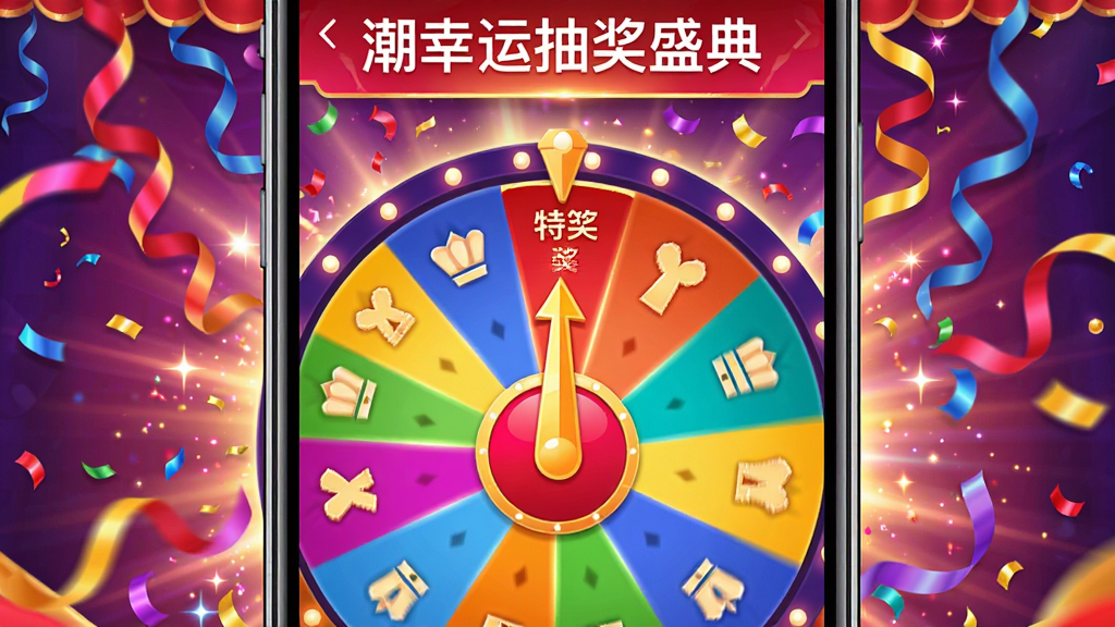 一张潮幸运应用的抽奖页面截图,画面中央是一个旋转的幸运大转盘,转盘上分布着不同颜色的奖品区域,转盘指针指向特等奖,背景是闪烁的彩带和光效,手机屏幕上方显示潮幸运抽奖盛典字样,整体风格热闹喜庆,画质高清,干净无多余元素